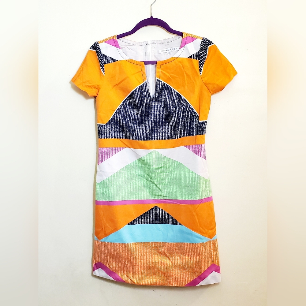 Trina Turk Lincoln Road Museum Short Sleeve Geometric Print Sheath Dress Size 2